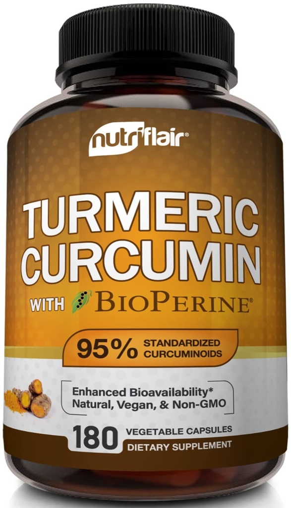 NutriFlair Kurkuma Curcumine met BioPerine - 1300mg, 180 Capsules - 95% Gestandaardiseerde Curcuminoïden Kurkuma Supplement Extract met Black Pepper voor Optimale Absorptie - 180 Capsules