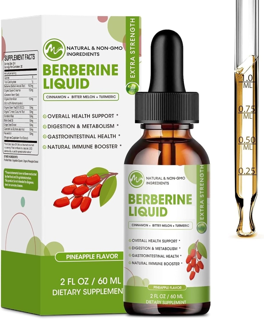 Berberine supplement vloeibare druppels, Berberine met Ceylon Cinnamon, Kurkuma, Resveratrol, Bitter Meloen, & Meer-Extra sterkte veganistisch supplement, ondersteunt immuunsysteem & spijsverteringssysteem
