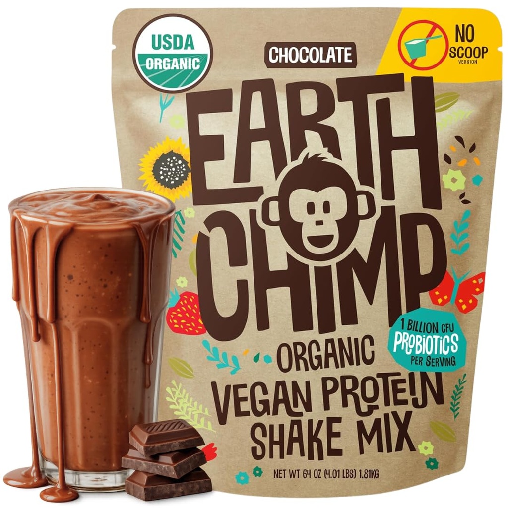 EarthChimp poudre de protéines végétales organiques - avec probiotiques - Non OGM, sans produits laitiers, sans lactosérum, à base végétale poudre de protéines pour les femmes et les hommes, sans gluten - 52 portions 64 Oz (chocolat) Pas de scoop