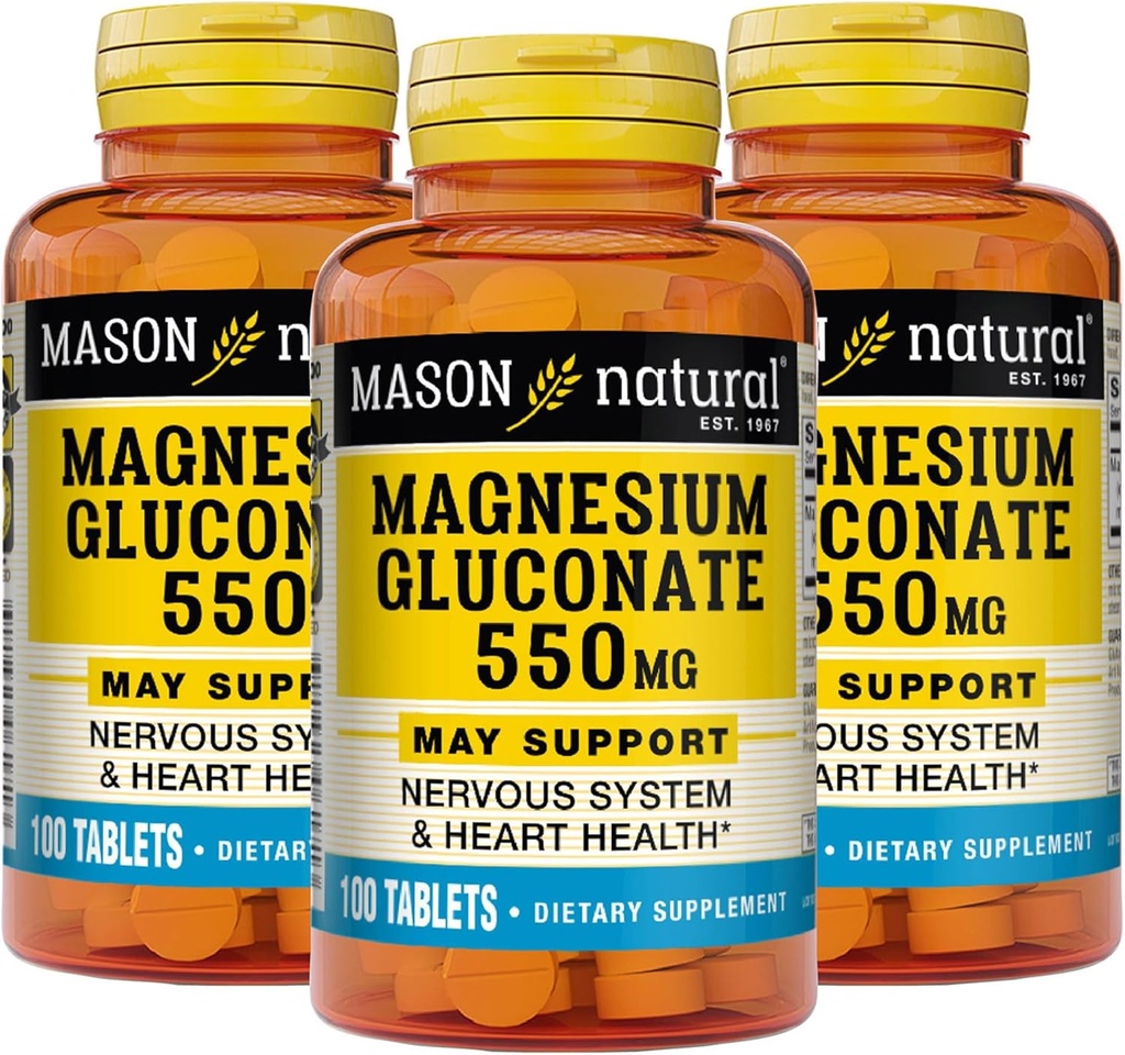 Mason Natural Magnesium Gluconaat 550 mg, 300 dagen aanvoer voor normale gezonde hart- en zenuwstelsel ondersteuning, 100 tabletten (verpakking van 3)