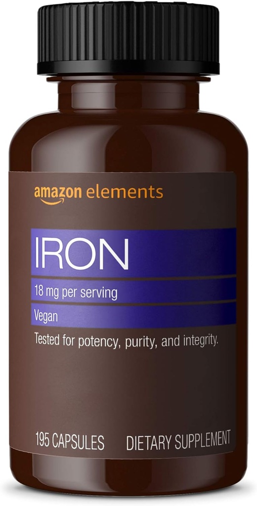 Elementen IJzer 18mg Capsules, Ondersteunt de productie van rode bloedcellen, Vegan, 195 Tellen, 6 maanden voorraad (Verpakking kan variëren)