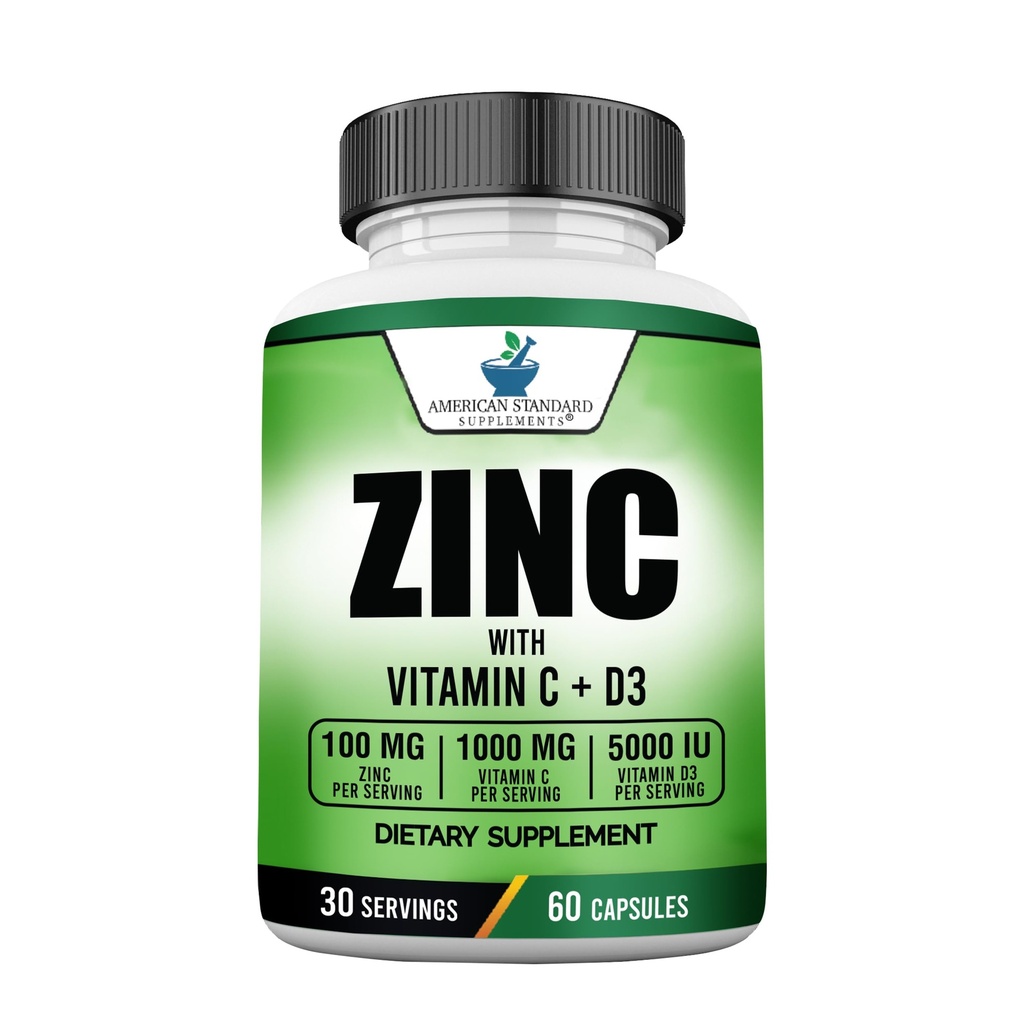 Suppléments standard américains Zinc 100mg, vitamine C 1000mg et vitamine D3 5000 UI (125mcg) par portion - sans gluten, sans OGM, 60 capsules, 30 portions