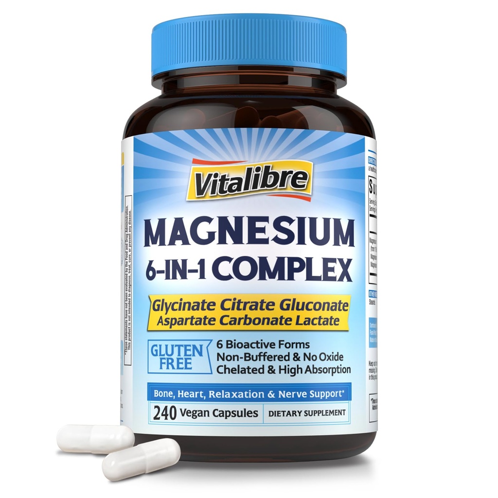 Supplément complexe de magnésium 6 en 1, 1160mg Magnésium chélaté pour l'absorption maximale, aide à mieux dormir, relaxation et nervosité calme, 240 Capsules végétaliennes, sans OGM et sans gluten