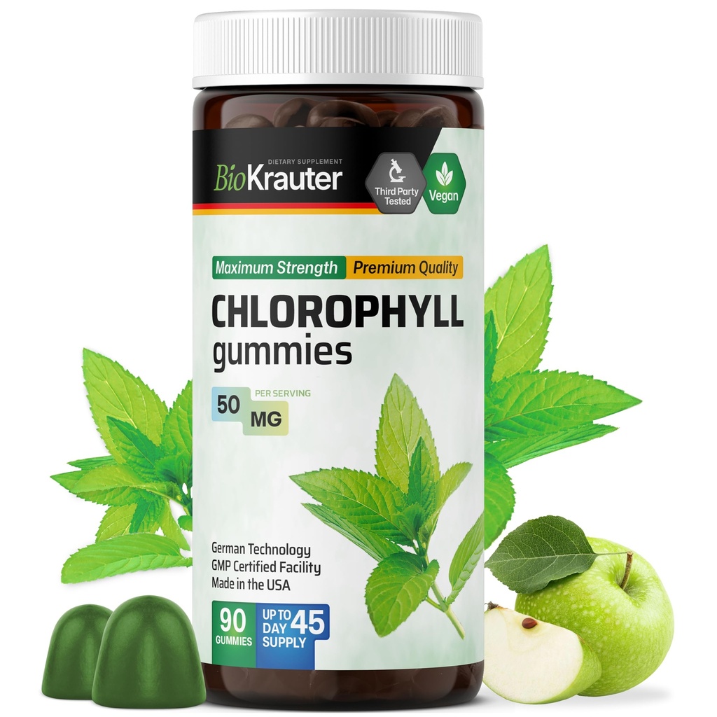 BIO KRAUTER Chlorofyl Gummies - 90 Kauwen - Chlorofyl Supplements - Natural Skin & Detox Support - Vegan, Pectin Based, Non-GGOs Kauwen