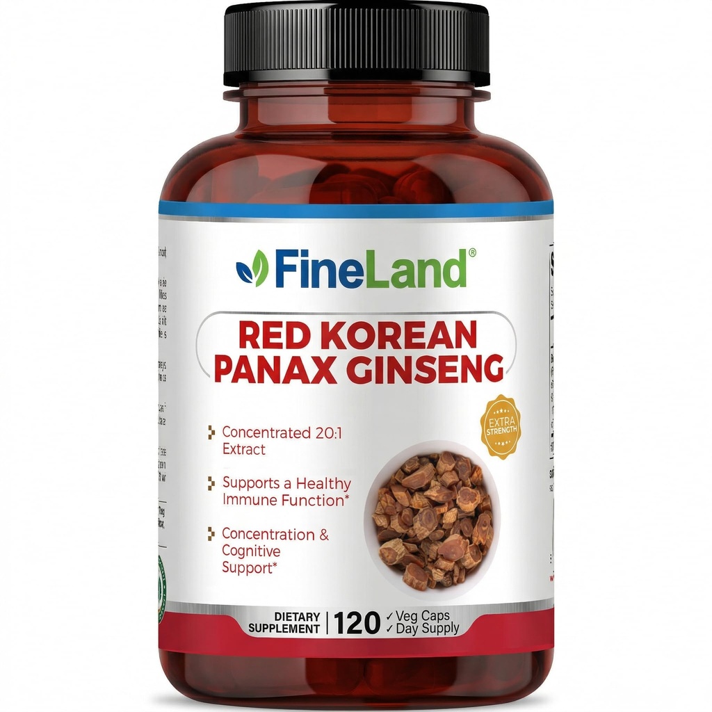 FineLand Rouge Coréen Panax Ginseng 13,000 mg - Max Streng 20:1 Extrait - Supplément de soutien immunitaire et cognitif concentré pour les hommes et les femmes - 120 Capsules de Veggie
