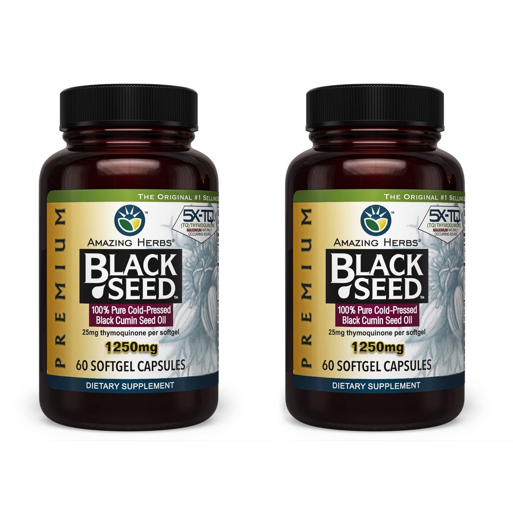 Amazing Herbs Premium Capsules d'huile de graines noires - Haute puissance, Nigella pressée à froid Sativa aide à la santé digestive, le soutien immunitaire et la fonction cérébrale - 60 comte, 1250mg (paquet de 2)