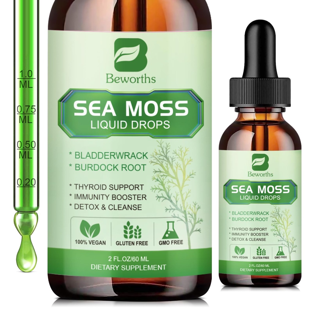 Drops liquides de mousse de mer - Gel de mousse de mer Irlandais bio avec Spiruline, Bladderwrack, Root de Burdock, Gel Seamoss supplément pour joint, nettoyage de détox & support de digestion - 2 Fl Oz, Vegan