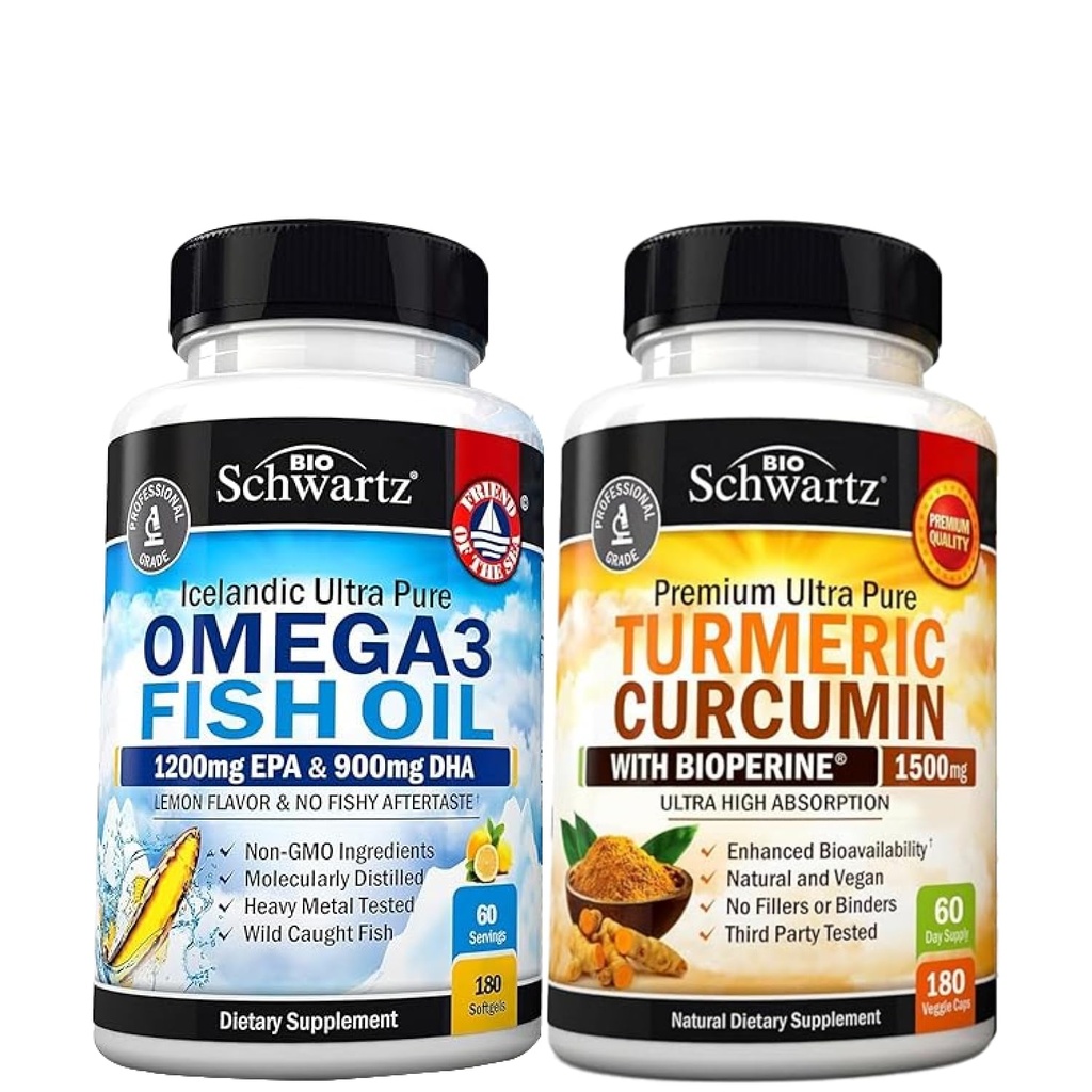 Triple Strength Omega 3 Fish Oil Softgels (2 Month Supply) Plus Kurkuma Curcumin met Black Pepper Extract 1500mg Complex (2 Month Supply)