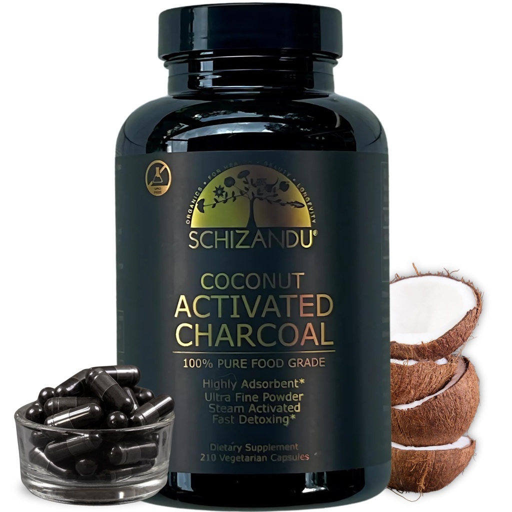Schizandu Capsules de charbon de coco activées- Soutient la santé - Vegan, Organique, Non-OGM, Pas d'additifs - X-Grande bouteille 210 Compte