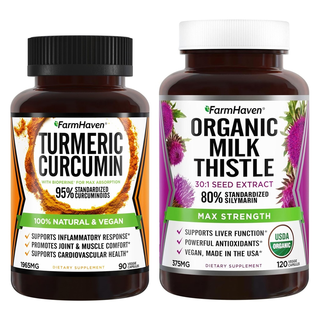 FarmHaven Milk Thistle 120 capsules en Kurkuma Curcumine 90 capsules