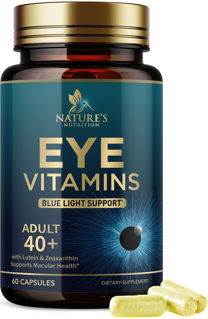 Supplément Vitamines oculaires - Vitamine de soins oculaires avancés avec Lutéine, Zinc, Vitamines C, E, Zeaxanthin & Minéraux - Vision multivitamine pour la santé maculaire et les yeux secs, Vegan, mis en bouteille aux États-Unis - 60 Capsules