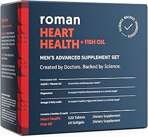 ROMAN Heart Health (en anglais seulement) Supplément nutritionnel quotidien pour hommes pour le soutien cardiovasculaire, caractéristiques Magnésium, vitamines K + D3, CoQ10 et Spiruline (120 comprimés + 60 softgels d'huile de poisson)