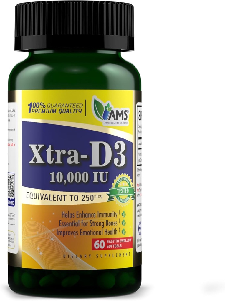 America Medic & Science Xtra D3 Vitamine D 10.000 IE (250 mcg) Cholecalciferol Supplement for Men & Women (60 Easy to Swallow Softgels) Best for Bone, Heart Health, Immuun System Support, Long Function