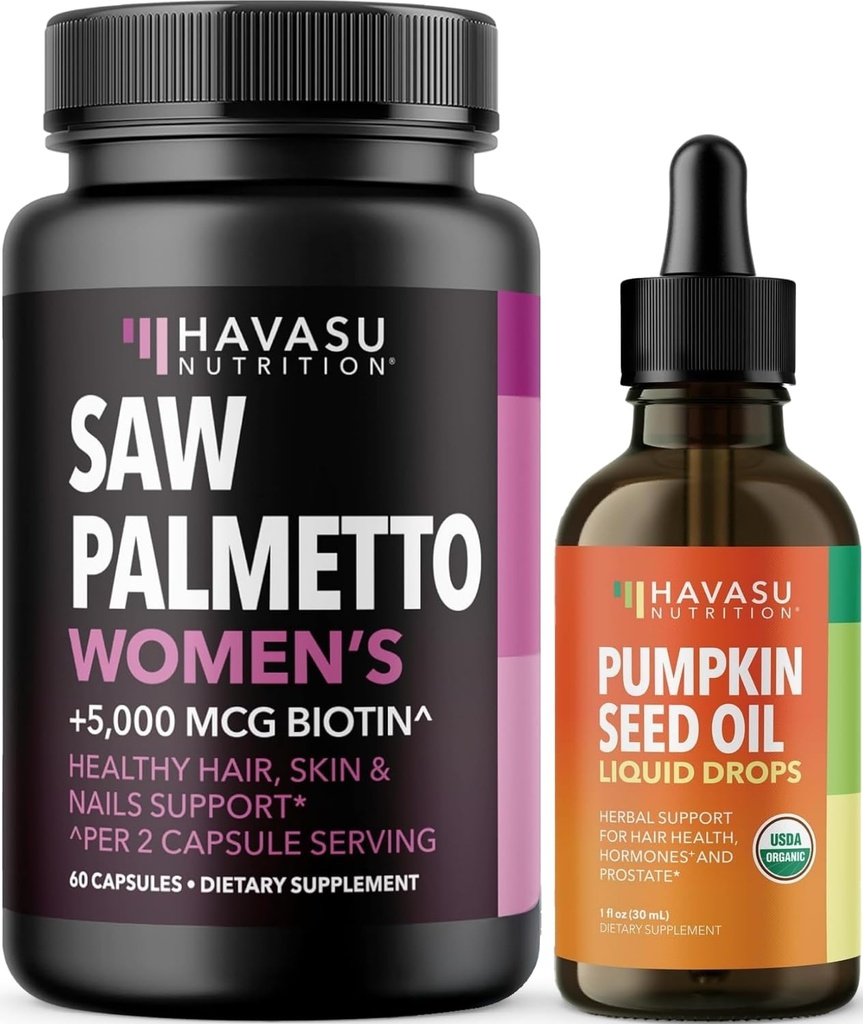 HAVASU NUTRITION USDA Biologische pompoenzaadoliedruppels (60 porties) & Saw Palmetto voor vrouwen Haarcomplex (30 porties)