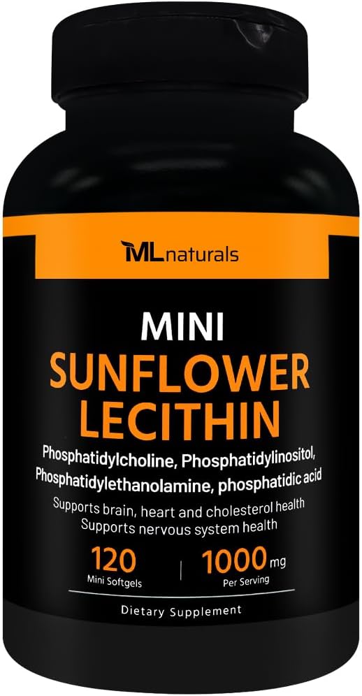 ML Naturals Mini Lécithine de tournesol 1000 mg 120 Softgels, facile à avaler, soutient la santé du cerveau. Non-OGM, NSF-Certifié et cGMP-Compliant