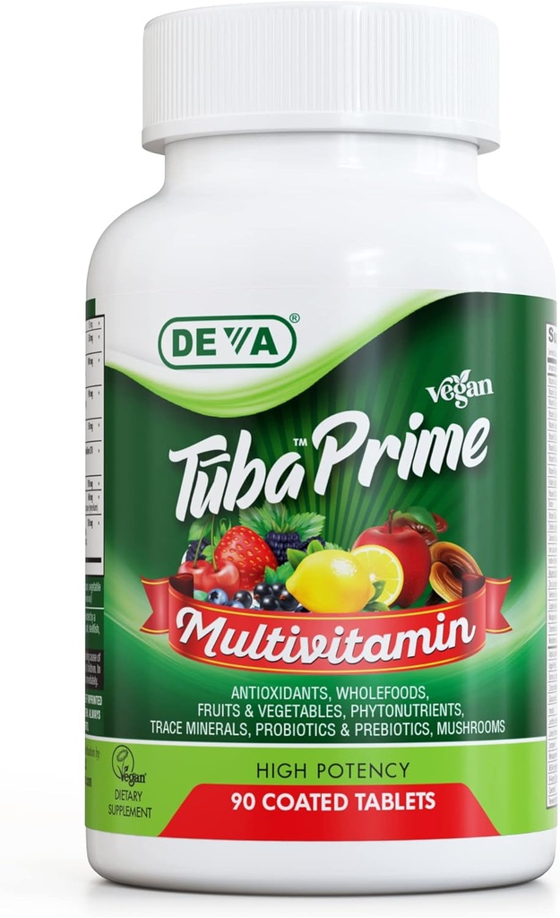 DEVA Tuba Prime Vegan Multivitamine - High-Potency Vitamine en Minerale Dieetsupplement - Antioxidanten, Fruit en Plantaardige Blend, Super Paddenstoelen, Probiotica, Prebiotica, Zaden, Kruiden - 90 Tablets