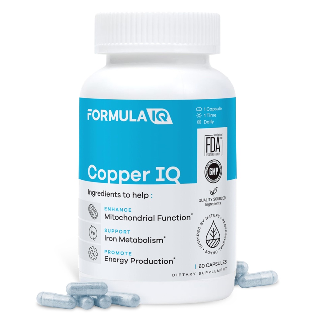 FIQ - koper IQ - kopersupplementen met koperbisglycinaat - energieondersteuning en mitochondriale ondersteuning - chelated koper, hoge absorptie - 60 capsules