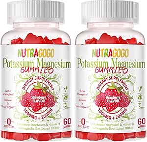 Potassium Magnésium Gommies, Supplément de potassium avec/Ashwagandha, High Absorption Magnésium Glycinate,B6,D3,Citrate de potassium,Electroyte pour les adultes Enfants,Sans sucre, 60 fraises