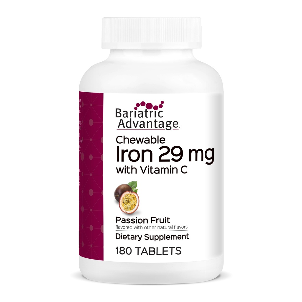 Bariatrische voordelen Kauwbaar ijzer 29 mg - voor patiënten met bariatrische chirurgie - ijzer met vitamine C - geen ijzersmaak - Ferrous Fumarate & Carbonyl Iron Supplement - Passiefruit - 180 Tel.