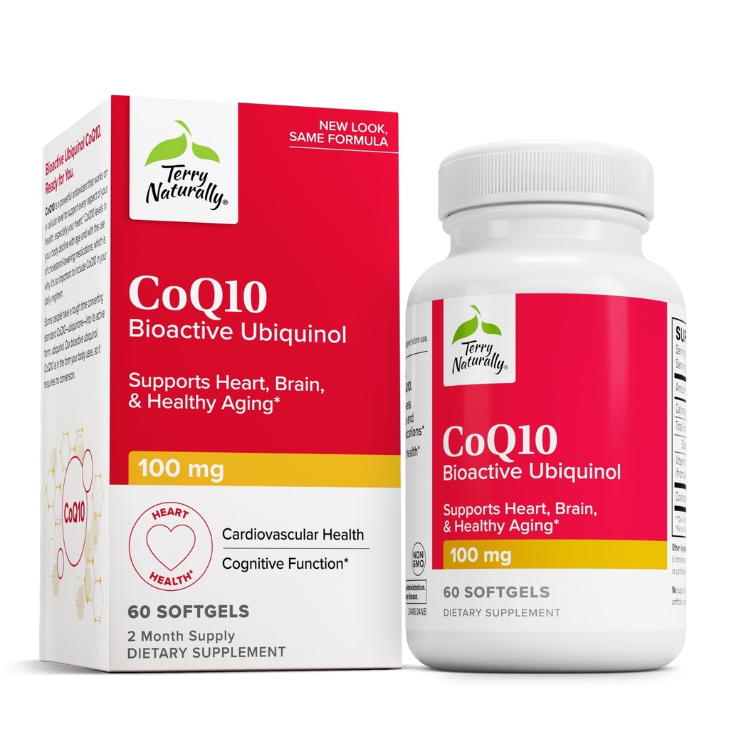 Terry Naturally CoQ10 BioActive Ubichinol - Cellular Energy Support Supplement - BioActive CoQ10 Supplement - Nutritional Supplement to Aid Health & Brain Health - 60 Softgels