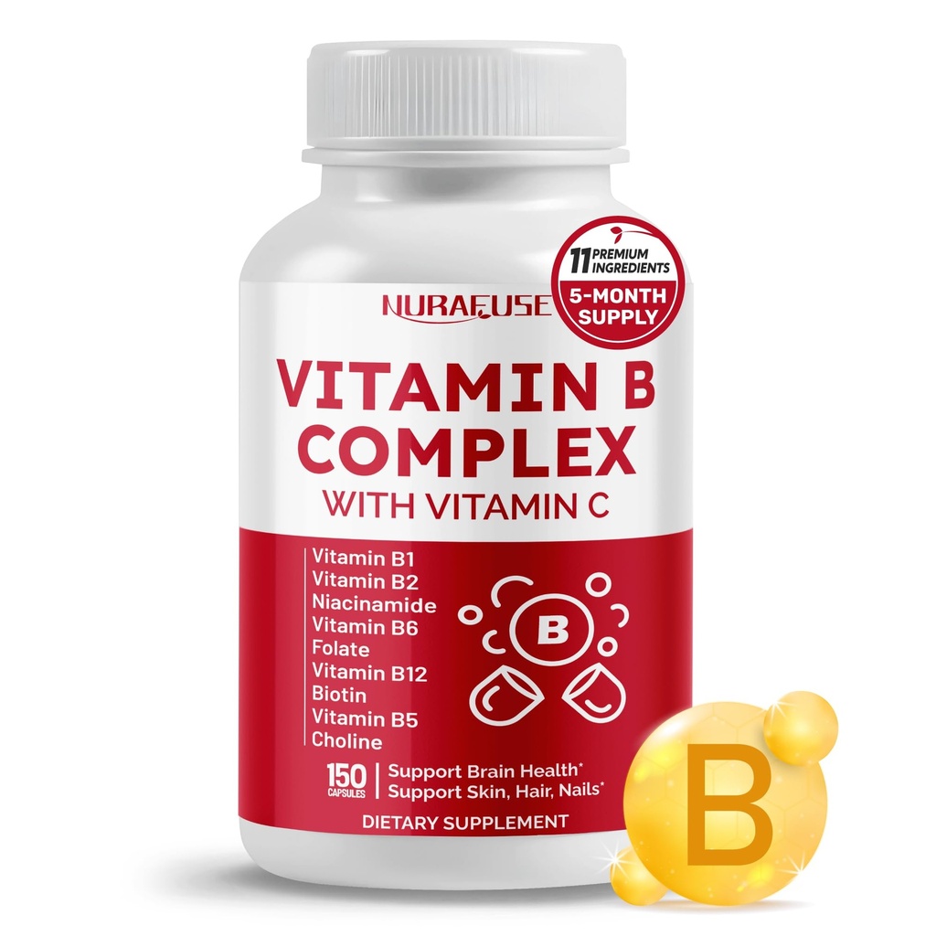 Vitamine B complexe vitamine B1, B2, 6,9,12 Niacine, avec vitamine C - Soutien de la santé du cerveau, niveaux d'énergie, peau, cheveux et ongles - Fabriqué et testé aux États-Unis