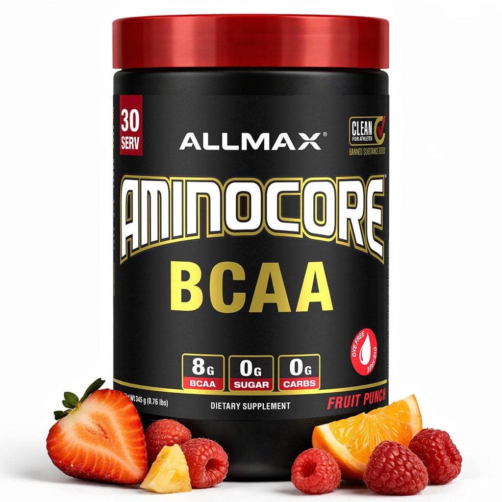 ALLMAX Nutrition AMINOCORE BCAA Powder, 8,18 Gram van Aminozuren, Intra en Post Workout Herstel Drank, Glutenvrij, Fruit Punch, 315 g
