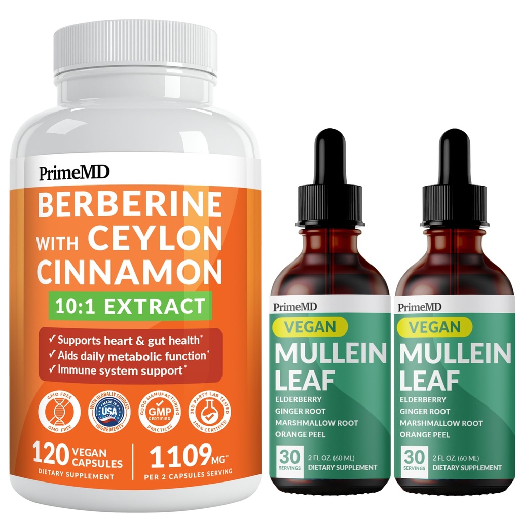 Supplément berbère 21-en-1 avec Chromium Ceylan Cinnamon, Melon amer et Extrait de thé vert (120 ct) et 5-en-1 gouttes de Mullein pour poumons et respiratoire santé pulmonaire et soutien bronchial (60 portions)