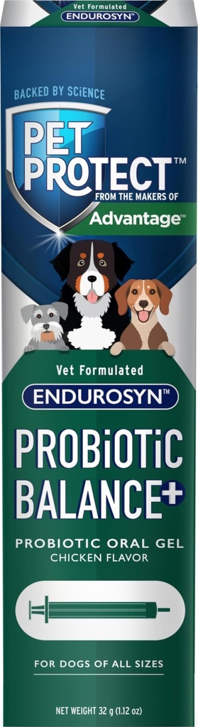 Pet Protect Honden Probiotic Balance+ Orale Gel, Vet-geformuleerde Endurosyn, Prebiotica & Probiotica voor honden, 3-daagse levering, Kip smaak (32g)