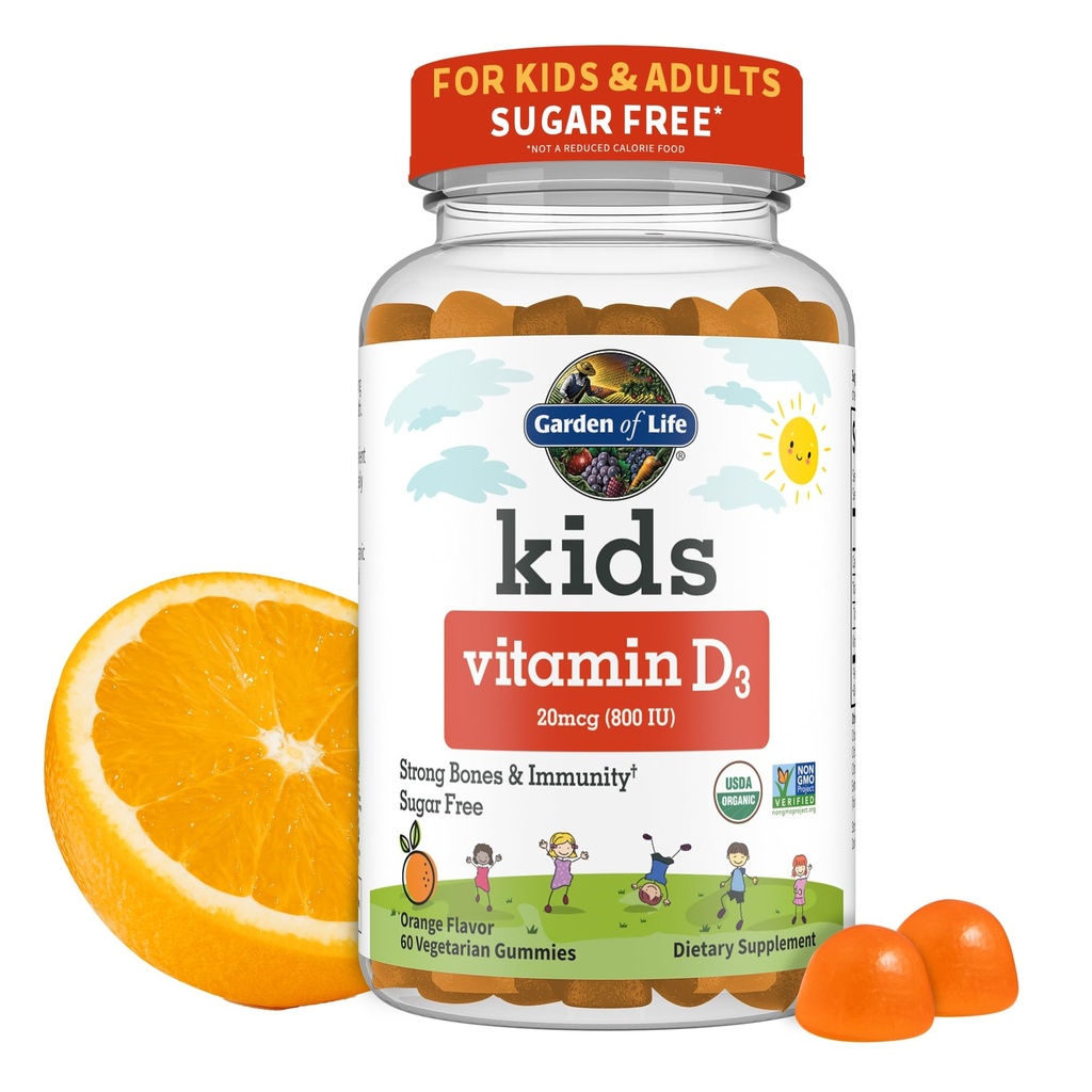 Jardin de la vie Enfants Vitamine biologique D3 Gommies avec 800 UI (valeur quotidienne de 100 %) pour les os forts, les dents, le cerveau et l'immunité – non-OGM, sans gluten, végétarien, sans sucre, saveur orange, 60 portions