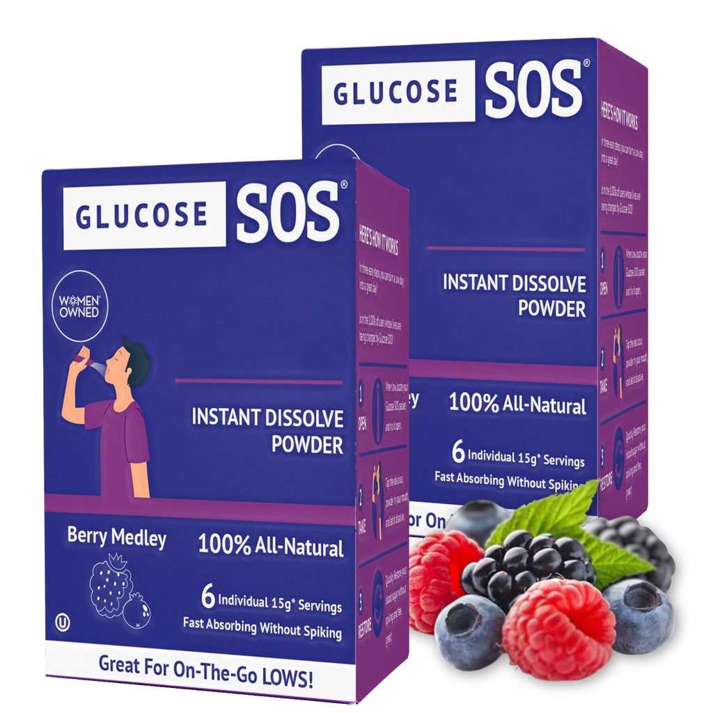 Glucose SOS Glucose Poeder Verpakkingen met Natuurlijke Dextrose, Fast Absorptie Dat onmiddellijk oplost in uw mond zonder water nodig, Berry Medley 12 Serves