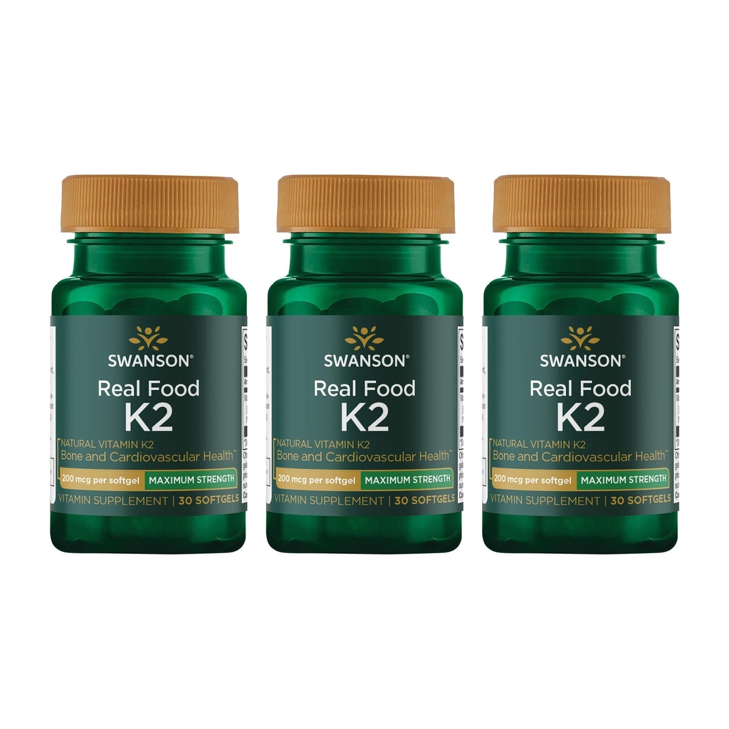 Swanson Maximum Strength Vitamine K2 (Ménaquinone-7)- Supplément de vitamine pour soutenir la santé cardiovasculaire et osseuse-Fabriqué à partir de Natto japonais pour aider à réguler le calcium (30 Softgels, 200mcg chacun) (3 Pack)