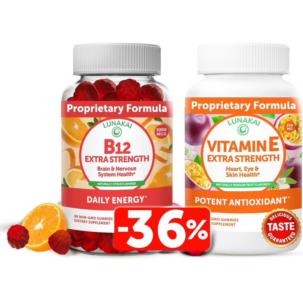 Lunakai Vitamine B12 en Vitamine E Gummies Bundle - 3000 mcg Gummies voor volwassenen Energie Ondersteuning en Bone Health - 250 mg 1000 iu Natural VIT E Plus C Supplementen
