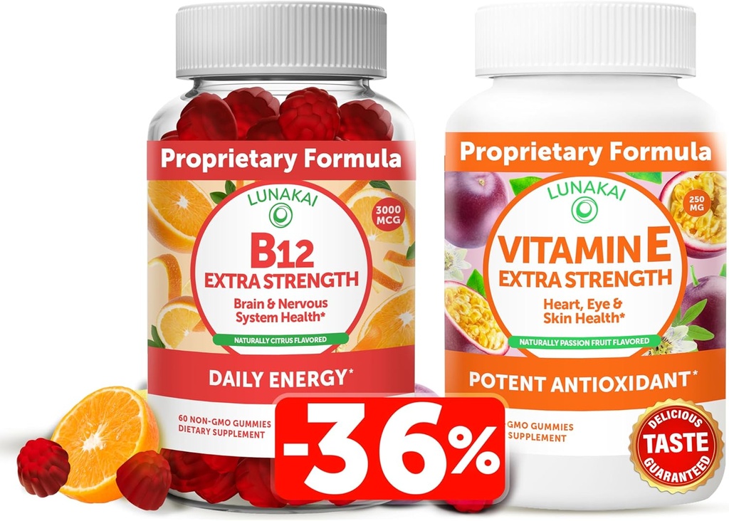 Lunakai Vitamine B12 en Vitamine E Gummies Bundle - 3000 mcg Gummies voor volwassenen Energie Ondersteuning en Bone Health - 250 mg 1000 iu Natural VIT E Plus C Supplementen