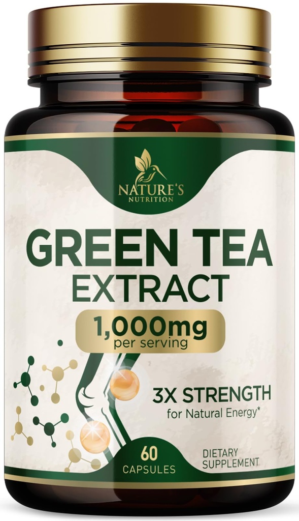Green Tea Extract Capsules 1000 mg - Gestandaardiseerd 45% EGCG & 98% Polyfenolen - 3X Sterkte Groene theepillen voor natuurlijke energie - Ondersteunt de gezondheid van het hart, kruidensupplement, Vegan, niet-GMO - 60 capsules