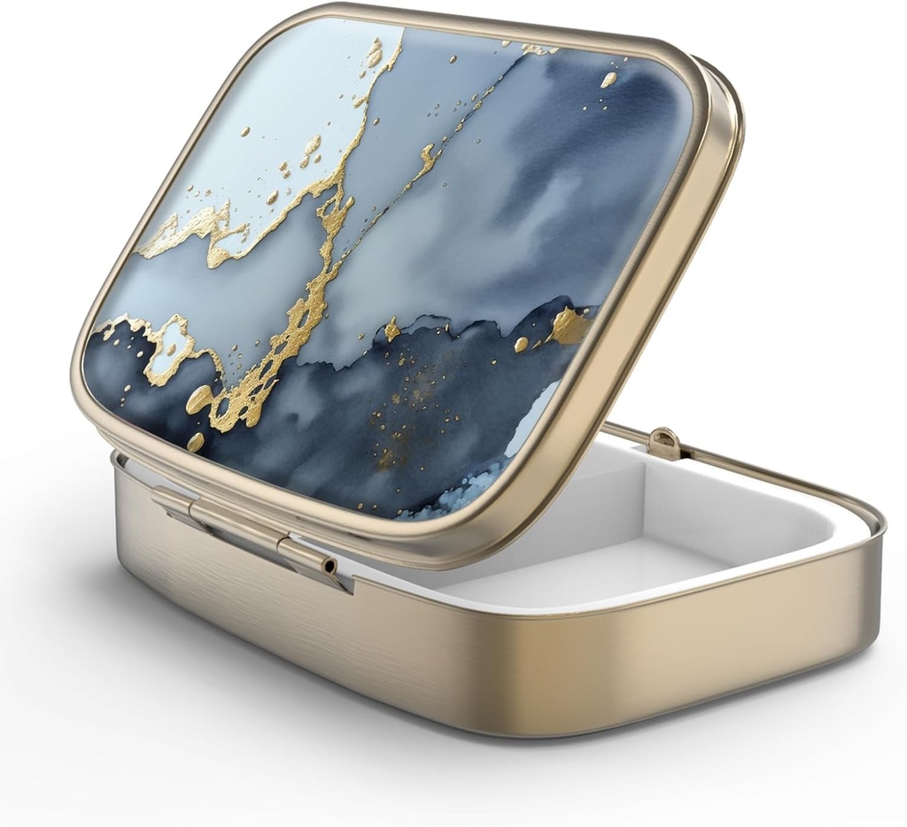 Pill Case Pill Box met Mirror Retro 2 Compartiment Kleine pil Case voor Purse of Pocket Bronze Rechthoekige Pill Box of vitamines, Visolie, Supplementen, Pill Bevat reizen geschenken(Black Gold Marble)