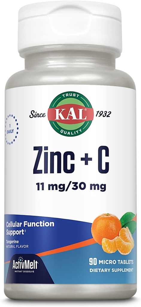 KAL Zinc Plus C, Instant Dissolve Vitamin C and Zinc, Cellular Function and Immune Support, Optimal Absorption, Natural Tangerine Flavor, 60-Day Money-Back Guarantee, 90 Servings, 90 Micro Tablets