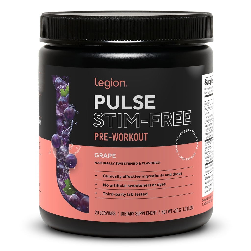 LEGION Pulse Pre Workout Supplement - Alle natuurlijke Nitrik Oxidatie Voorworkout Drink om energie te stimuleren, Createïnevrij, natuurlijk gezoet, Beta Alanine, Citrulline, Alpha GPC (Cafeïnevrije druiven)