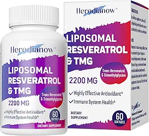 Liposomale Resveratrol met TMG-supplement 2200 MG, 99% Zuiverheid Trans-Resveratrol & Trimethylglycine-antioxidant, voor Immuunstelsel, Huid en algehele gezondheid, 60 Softgels(pakket van 1)