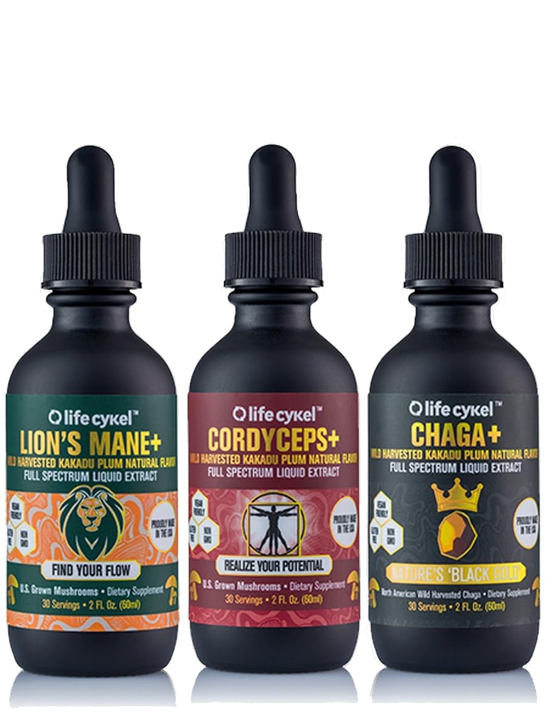 Life Cykel Dit is It Pack - Chaga, Lion's Mane & Cordyceps Mushroom Extract - Full-Spectrum Mushroom Tinctuur voor Energie, Geestelijke Helderheid en Immune Ondersteuning - Vegan, Non-GMO- 2Fl/Oz Per Fles