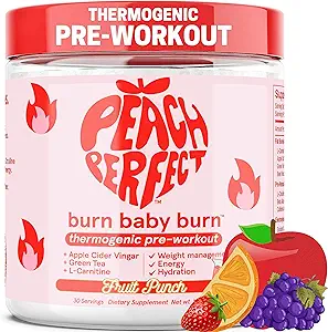 Peach Perfect Burn Baby Burn poudre de pré-entraînement pour les femmes, punch de fruits, pour l'énergie, avec électrolytes, vinaigre de cidre de pomme, thé vert de caféine naturelle, et L carnitine, poudre de boisson énergétique, 30 portions
