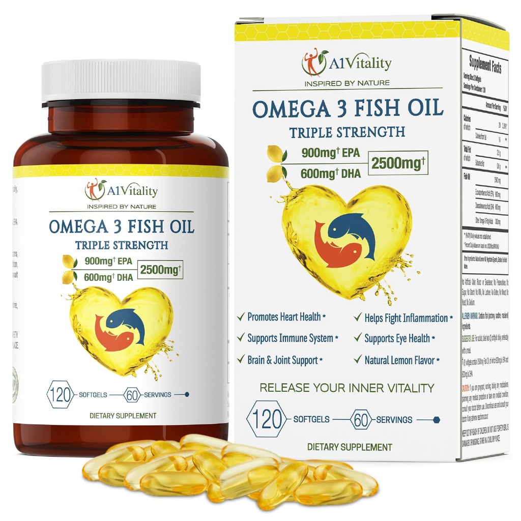 Omega 3 Triple Strength EPA DHA Supplement - 2500mg Citroen Flavored Burpless Fish Oil - High Potency 900mg EPA 600mg DHA ondersteunt Circulatie, hersenen, hart, oog, huid, bot en gewrichten - 120 Softgels