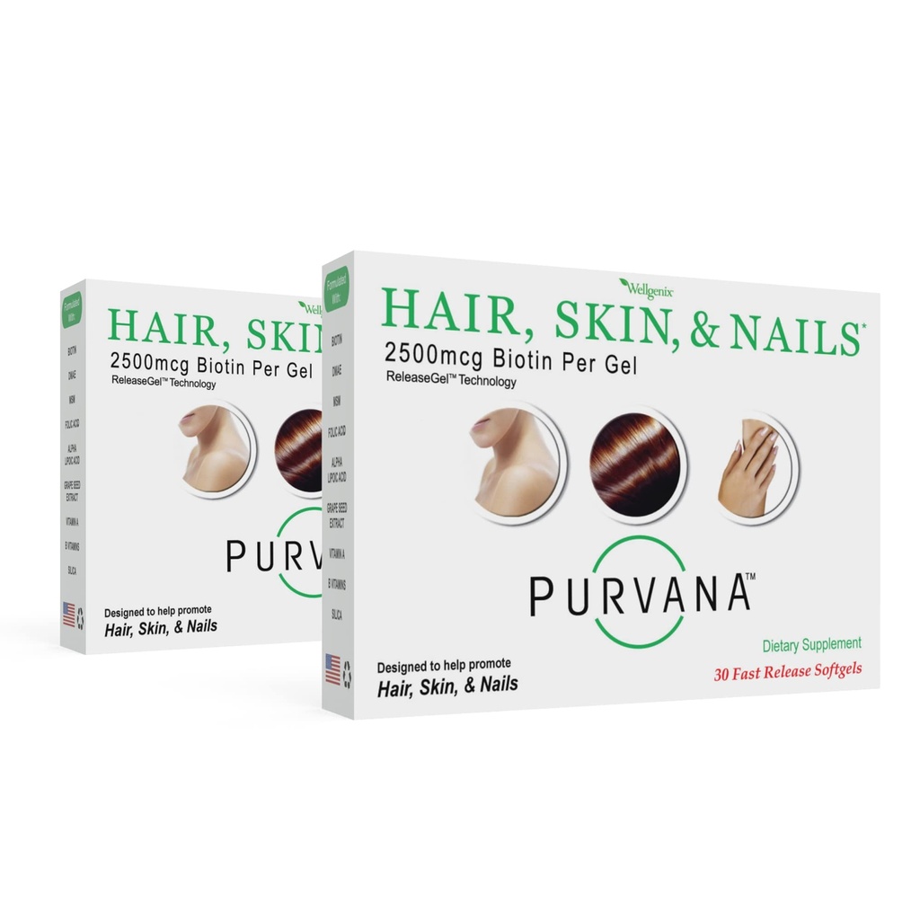 Wellgenix Purvana Hair, Skin, and Nails Vitamin - Softgels for High Absorptie - Double Strength 2500mcg Biotin, VIT A & B (30 Tellen) (Pack of 2)