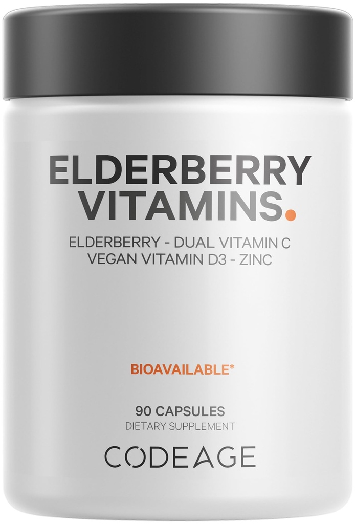 Codeage Vitamines de sureau - Mélange de sureau fermenté biologique, vitamine C de cerises d'acide ascorbique et d'acérola biologique, vitamine D3, zinc, baies de Sambucus - 90 capsules