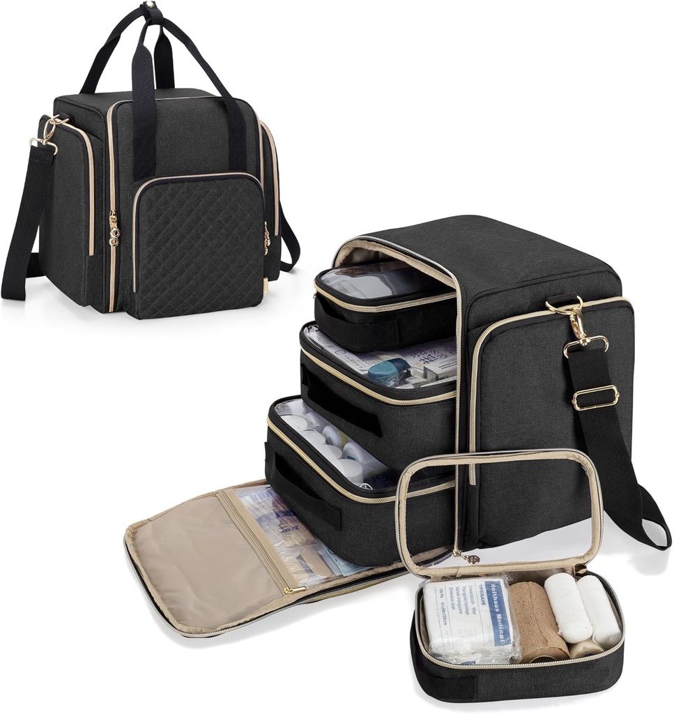 LUXJA Large Medicine Bag met 4 binnenste verwijderbare koffers, Multifunctionele Medicine opslagzak (geschikt voor thuis of op reis), zwart