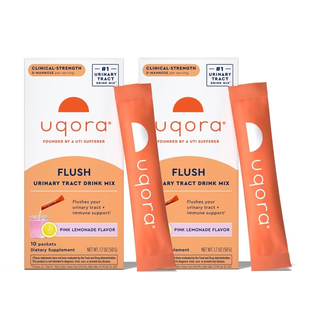Uqora Flush - Urinetrekker* met D-Mannose, Vitamine C, Vitamine B6, Kalium, Magnesium & Calcium - Glutenvrij en Veganistisch - Pink Limonade smaak - 20 Packets (2 Pack)