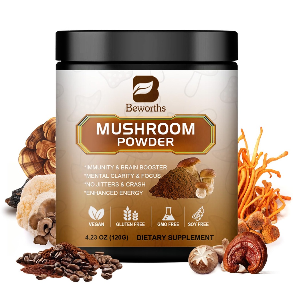 Paddestoelen Koffie - Leeuwen Mane Paddestoelen Powder Instant Coffee met Lion's Mane, Reishi, Chaga, Cordyceps, en Turkije staart - Paddenstoelen Koffie Alternatief voor energie, geestelijke helderheid & Focus, Brain Booster