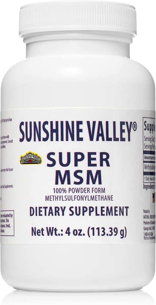 Sunshine Valley® Super MSM Supplement - Methylsulfonylmethaan MSM Crystals Poeder voor gezamenlijke ondersteuning, Nagels, Hair & Skin Health - 100% Pure Powder, Unflavored, Dietary Supplement - 4 oz