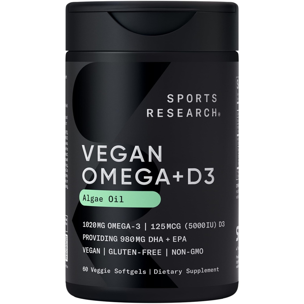 Recherche sportive Oméga-3 végétalien avec vitamine D3 Softgels - Supplément Oméga-3 et 5000iu D3 - Huile de poisson Alternative avec vitamine D Plant-Based Support de l'huile d'algues - 60 légumes softgels pour adultes