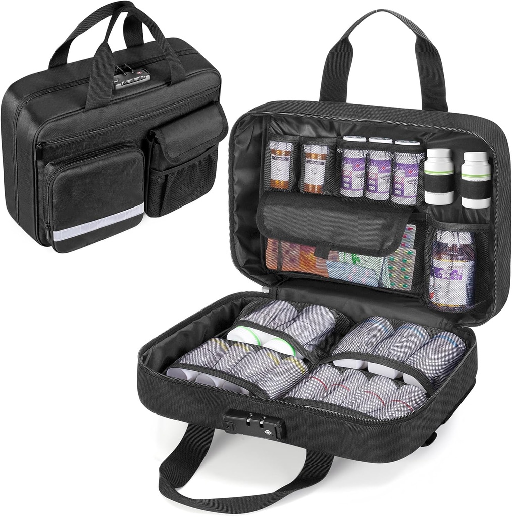 Damero Locking Pill Fles Organisator, Medicine Opslag Bag Medicatie Organisator Travel Carrying Case voor grote pillen flessen, medicijnen en medische benodigdheden, zwart