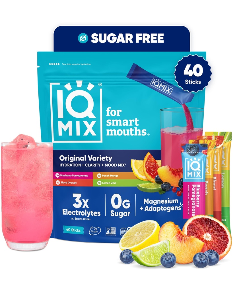 IQMIX Poudre d'électrolyte d'hydratation – Formule 4-en-1 pour l'hydratation, la clarté mentale, l'humeur et la récupération – Mélange de boissons sans sucre, Kéto, Magnésium L-Thréonate, Mane de Lion – Paquet de 40 variétés de dénombrement